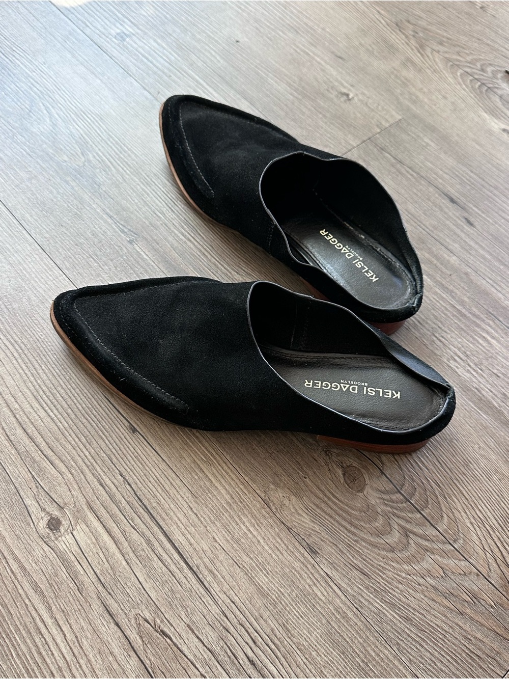 Kelsi Dagger Black Real Suede Pointed Backless Mules Loafers 6.5
